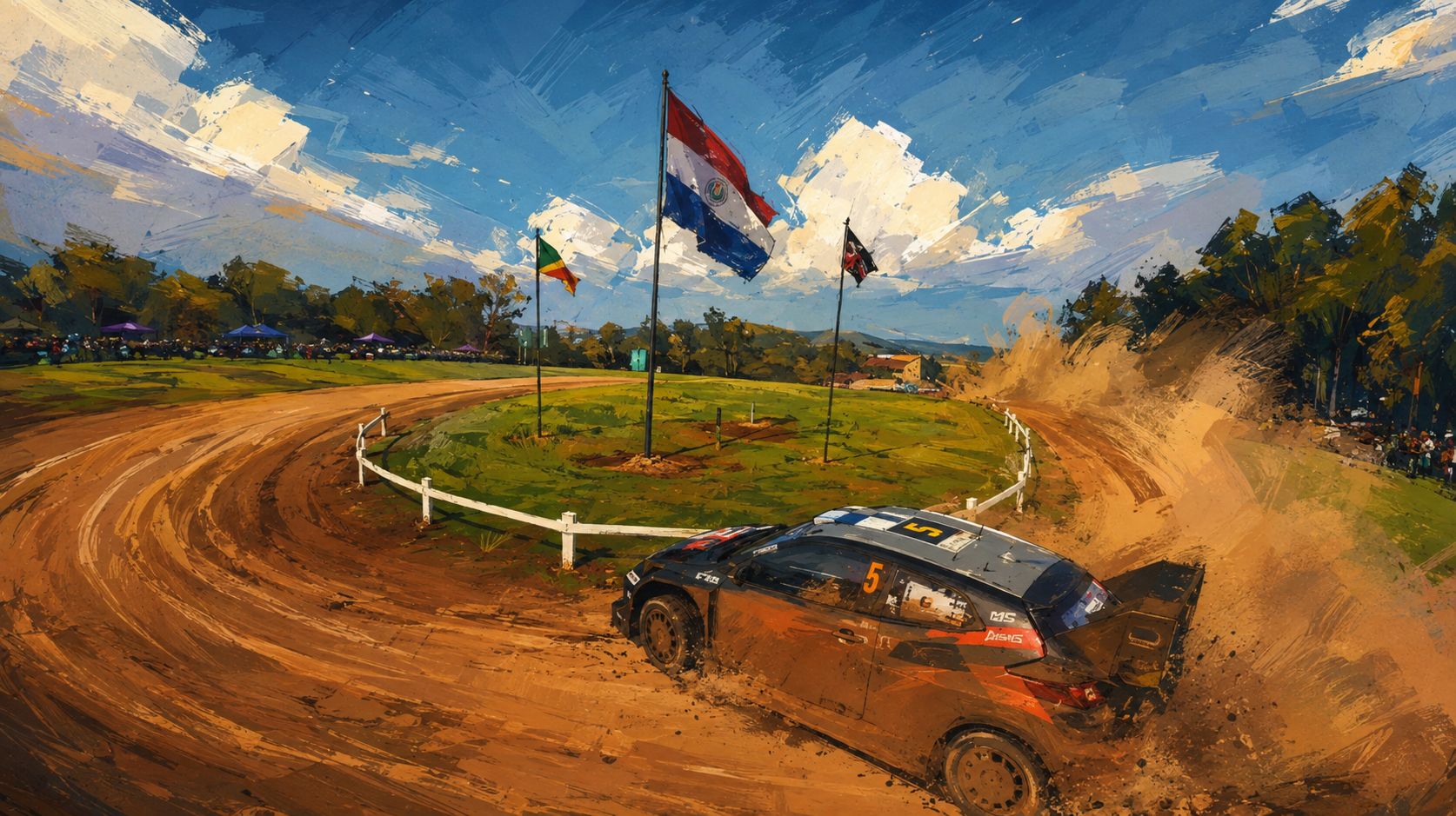 Ilustración de un auto del WRC atravesando una curva de tierra colorada en el tramo 3 Saltos de Hohenau, con la bandera de Paraguay y público al costado del camino.